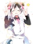  :d ^_^ apron atsumi_jun blurry blush closed_eyes commentary_request confetti double_bun facing_viewer frilled_apron frills hair_between_eyes hands_up long_sleeves love_live! love_live!_school_idol_project maid maid_headdress nico_nico_nii open_mouth sidelocks smile solo star teeth upper_body white_background yazawa_nico 