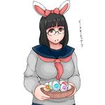  animal_ears bangs basket black_hair bow brown_eyes bunny_ears commentary_request glasses hair_bow long_hair lowres original sailor_collar solo supopo_(pi4v2000) tenga_egg translated you're_doing_it_wrong 