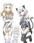  aleksandra_i_pokryshkin animal_ears bear_ears bear_girl blonde_hair blue_eyes blush brave_witches breasts cameltoe cat_ears closed_eyes cosplay eila_ilmatar_juutilainen frame_arms_girl green_eyes large_breasts multiple_girls nikka_edvardine_katajainen open_mouth sanya_v_litvyak simple_background small_breasts smile steed_(steed_enterprise) strike_witches tail thighhighs white_background white_hair world_witches_series yuri 
