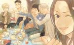  4boys ^_^ beer_can black_hair blush bottle brown_hair can cherry_blossoms chopsticks closed_eyes cup dango dog drinking_glass drunk food green_eyes grey_eyes indian_style katsuki_yuuri makkachin mole mole_under_eye multiple_boys nita_(msre27) okukawa_minako one_eye_closed onigiri open_mouth otabek_altin petals picnic plate ponytail sanshoku_dango seiza silver_hair sitting smile viktor_nikiforov wagashi watch wine_bottle wristwatch yuri!!!_on_ice yuri_plisetsky 