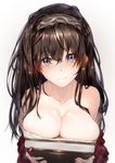  absurdres bare_shoulders blue_eyes book breast_press breasts brown_hair cleavage collarbone hairband highres hplay idolmaster idolmaster_cinderella_girls large_breasts light_smile long_hair looking_at_viewer md5_mismatch sagisawa_fumika shiny shiny_skin smile solo 