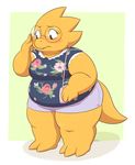  alphys anthro blush breasts clothing dinosaur eyelashes eyewear female flower glasses plant purse slightly_chubby solo standing undertale unknown_artist video_games 