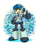 android beck_(mighty_no._9) full_body hand_on_hip headphones highres male_focus mighty_no._9 open_mouth rangsiwut_sangwatsharakul smile solo thumbs_up 