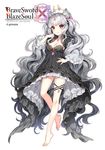  barefoot black_dress brave_sword_x_blaze_soul breasts cleavage dress full_body heterochromia long_hair medium_breasts multicolored_hair nardack silver_hair smile solo two-tone_hair very_long_hair wavy_hair white_background 