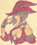  bare_shoulders black_hair blue_eyes breasts cleavage collar guilty_gear hat i-no large_breasts o-ring o-ring_top red_hat short_hair sketch solo sutegoro traditional_media witch_hat 