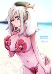  1girl 2016 beach bikini bikini_tan blue_eyes breasts character_name dated finger_to_mouth hibiscus kantai_collection kashima_(kantai_collection) large_breasts leaning_forward looking_at_viewer nippleless_clothes nipples ocean outdoors side-tie_bikini silver_hair sky solo souryu tagme tanline twintails 