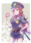  baton belt bitten breasts brown_eyes brown_hair cleavage commentary cuffs doughnut food handcuffs hat heterochromia iesupa long_hair medium_breasts multicolored_hair necktie neo_(rwby) pink_eyes pink_hair police police_badge police_hat police_uniform policewoman rwby shorts solo tonfa uniform weapon 