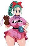  1girl 80s bare_legs blue_eyes braid breasts bulma curvy dragon_ball eric_lowery female large_breasts long_hair panties pantyshot ponytail shiny_skin shoes side_ponytail smile solo standing 