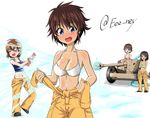  4girls black_hair blue_eyes blush bra breasts brown_eyes brown_hair cleavage dark_skin girls_und_panzer hoshino_(girls_und_panzer) looking_at_viewer medium_breasts multiple_girls nakajima_(girls_und_panzer) navel open_mouth short_hair smile suzuki_(girls_und_panzer) tank_top tsuchiya_(girls_und_panzer) water white_bra 