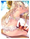  :o alternate_costume alternate_hair_color arms_up ass back bench bikini blue_eyes blue_sky dragon flower frilled_bikini frills from_behind granblue_fantasy hair_flower hair_ornament io_euclase leaning_forward long_hair looking_away looking_to_the_side midriff min-naraken nape sitting sky solo sunflower swimsuit tan thighs twintails vee_(granblue_fantasy) wavy_hair white_bikini 