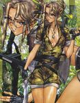  blonde_hair blue_eyes breasts camouflage fingerless_gloves glasses gloves gun highres jewelry knife large_breasts long_hair looking_at_viewer military military_uniform no_bra open_clothes phara_l._olyn shirou_masamune submachine_gun uniform weapon wild_wet_quest 