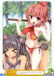  &gt;_&lt; :d absurdres all_fours animal_ears bear_ears bear_tail bikini black_hair blush breasts brown_eyes cleavage closed_eyes collarbone covered_navel dark_skin day eyebrows_visible_through_hair fang forest grey_bikini groin hair_ribbon high_ponytail highres kintarou large_breasts long_hair looking_at_viewer multiple_girls nature navel open_mouth original outdoors red_bikini red_hair red_ribbon ribbon side-tie_bikini sideboob sitting sitting_on_person smile swimsuit tail tateha_(marvelous_grace) tree v-shaped_eyebrows 