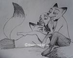  canine clone clothed clothing cuddling disney fox francesca-ictbs_(artist) greyscale judy_hopps lagomorph looking_down looking_up lying mammal monochrome nick_wilde on_front rabbit shock_collar sitting smile topless zootopia 