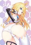  ai_cao animal_ears ass blonde_hair blue_eyes blush character_name g41_(girls_frontline) girls_frontline heart heterochromia highres honeycomb_(pattern) honeycomb_background long_hair looking_at_viewer looking_back mechanical_arm panties red_eyes single_thighhigh solo thighhighs underwear very_long_hair white_legwear white_panties 
