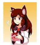  animal_ears birthday blush box brooch commentary dress fang fang_out fingernails flying_sweatdrops gift gift_box highres imaizumi_kagerou jewelry long_fingernails long_hair neferkitty parody red_eyes red_hair sharp_fingernails solo style_parody touhou very_long_hair wolf_ears wool_(miwol)_(style) 