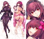  ass bare_shoulders barefoot bikini black_panties blush bodysuit breasts commentary_request covered_navel dakimakura fate/grand_order fate_(series) flower hair_flower hair_ornament hibiscus highres huge_breasts kunai marushin_(denwa0214) multiple_views nipples panties red_eyes red_hair scathach_(fate)_(all) scathach_(fate/grand_order) scathach_(swimsuit_assassin)_(fate) swimsuit thigh_strap thong tongue tongue_out underwear weapon 
