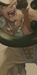  bare_shoulders black_hair blurry collarbone d: depth_of_field eyebrows facial_hair hat koga long_nose male_focus nose one_piece open_mouth pants shirtless simple_background solo sparks suspenders teeth usopp v-shaped_eyebrows weapon 