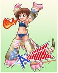  abazu-red arms_up bikini blue_bikini blue_eyes boots breathing_fire costume fire flat_chest girls_und_panzer highres nose_art open_mouth sakaguchi_karina simple_background solo star swimsuit twitter_username 