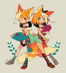  1girl animal_ears auko blonde_hair blue_eyes bow character_name eyelashes fox_boy fox_ears fox_girl fox_tail hair_bow hair_ornament hairclip headset kagamine_len kagamine_rin kneehighs one_eye_closed open_mouth patterned_clothing shoes short_hair shorts signature simple_background stuffed_animal stuffed_toy tail text_focus vocaloid 