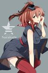  asakawa_(outeq) belt black_dress blue_eyes breast_pocket brown_hair character_name dress garter_straps grey_background hair_ornament hands_on_own_face highres kantai_collection long_hair pocket ponytail red_belt red_legwear red_neckwear remodel_(kantai_collection) saratoga_(kantai_collection) side_ponytail smokestack solo thighhighs underskirt 