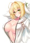  ahoge bangs bare_shoulders blonde_hair blush bodysuit bow breasts breasts_apart bridal_veil bun_cover center_opening closed_mouth eyebrows_visible_through_hair fate/extra fate/extra_ccc fate_(series) from_side green_eyes hair_between_eyes hair_bun hair_intakes head_tilt high_collar highres large_breasts light_smile looking_at_viewer navel nero_claudius_(bride)_(fate) nero_claudius_(fate)_(all) no_bra open_clothes sankakusui sidelocks simple_background smile solo tied_hair unzipped upper_body veil white_background white_bodysuit white_bow 