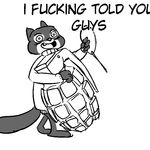  anthro clothed clothing dialogue disney explosives grenade greyscale insane male mammal monochrome mustelid percy_vison polecat reaction_image replytoanons simple_background solo text weapon white_background wide_eyed zootopia 