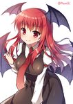  bat_wings blush book breasts dress_shirt head_wings imp koakuma large_breasts leaning_forward long_hair long_sleeves looking_at_viewer mauve necktie red_eyes red_hair red_neckwear shirt simple_background skirt skirt_set smile solo touhou white_background white_shirt wings 