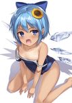  :o blue_eyes blue_hair bow cirno collarbone covered_navel fang flat_chest flower hair_bow hair_flower hair_ornament hidden_star_in_four_seasons ice ice_wings jacket one-piece_tan open_clothes open_jacket ouka_(ra-raradan) saliva school_swimsuit short_hair simple_background sitting solo strap_slip sunflower sunflower_hair_ornament sweat swimsuit tan tanline tanned_cirno touhou v-shaped_eyebrows wariza wings 