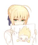  ahoge artoria_pendragon_(all) blonde_hair blush drawing fate/stay_night fate_(series) gilgamesh green_eyes holding looking_at_viewer saber sakura_yuki_(clochette) simple_background solo translated upper_body white_background 
