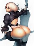  ass backless_outfit black_gloves black_legwear blindfold fumio_(rsqkr) gloves huge_ass leg_lift leotard multicolored multicolored_clothes multicolored_gloves nier_(series) nier_automata short_hair simple_background skindentation skirt solo sword thick_thighs thighhighs thighs weapon white_background white_gloves white_hair white_leotard wide_hips yorha_no._2_type_b 