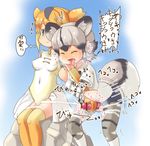  african_wild_dog_(kemono_friends) animal_ears animal_penis blonde_hair circlet closed_eyes closed_mouth commentary_request covered_nipples cum dog_ears dog_penis dog_tail drooling ejaculation elbow_gloves erection furrowed_eyebrows futa_with_female futanari gloves golden_snub-nosed_monkey_(kemono_friends) handjob high_ponytail highres kemono_friends knotted_penis leotard long_hair monkey_ears monkey_tail multicolored_hair multiple_girls open_mouth orange_hair penis ponytail projectile_cum short_hair skirt speech_bubble tail testicles thighhighs thought_bubble tongue tongue_out translation_request unicsourse veins veiny_penis 