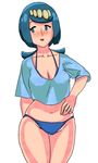  1girl bikini blue_bikini blue_eyes blue_hair blush cleavage hand_on_hip mature milf pokemon pokemon_(anime) pokemon_sm_(anime) smile solo suiren&#039;s_mother_(pokemon) t-shirt thigh_gap thighs 
