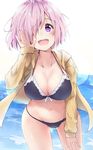  :d ass_visible_through_thighs bikini black_bikini breasts cleavage fate/grand_order fate_(series) hair_over_one_eye highres hood hood_down hooded_jacket hoodie jacket large_breasts leaning_forward looking_at_viewer mash_kyrielight minikon navel open_clothes open_hoodie open_jacket open_mouth outdoors outstretched_hand pink_hair purple_eyes sleeves_past_wrists smile solo stomach swimsuit 