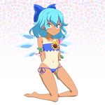  :d adapted_costume arms_behind_back bare_legs bare_shoulders barefoot bikini blue_bikini blue_bow blue_eyes blue_hair bow cato_(monocatienus) cirno commentary_request eyebrows_visible_through_hair flat_chest floral_background flower full_body hair_bow hidden_star_in_four_seasons ice ice_wings kneeling large_bow looking_at_viewer navel one-piece_tan open_mouth plant short_hair side-tie_bikini simple_background smile solo strapless strapless_bikini sunflower swimsuit tan tanline tanned_cirno touhou vines wings 