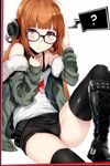  :o ? bare_shoulders belt boots border brown_hair coat commentary fur_trim glasses headphones hews_hack lavender_hair long_hair looking_at_viewer messy_hair persona persona_5 red_border sakura_futaba shorts simple_background sitting solo textless thighhighs 