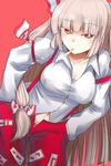  arm_garter bangs blunt_bangs bow breasts cigarette cleavage collarbone commentary_request cowboy_shot dateya_torahachi fujiwara_no_mokou grey_hair hair_bow hands_in_pockets highres juliet_sleeves leaning_forward long_hair long_sleeves looking_at_viewer medium_breasts midriff_peek navel ofuda_on_clothes open_fly orange_eyes pants puffy_sleeves red_background red_pants shirt simple_background solo suspenders touhou very_long_hair white_bow white_shirt 