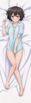  3: absurdres bare_legs barefoot blush brown_eyes brown_hair covering covering_crotch dakimakura full_body hair_between_eyes highres huge_filesize knees_together_feet_apart kono_bijutsubu_niwa_mondai_ga_aru! looking_at_viewer lying naked_shirt on_back scan shirt shirt_tug short_hair solo t-shirt usami_mizuki 