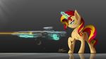  2017 blonde_hair duskie-06 equestria_girls equine eyelashes female feral grey_background gun hair hooves horn magic mammal my_little_pony ranged_weapon red_hair simple_background solo sunset_shimmer_(eg) unicorn weapon 