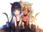  animal_ears bangs bare_shoulders black_dress black_hair blonde_hair blue_eyes blunt_bangs blush breasts cat_ears cat_tail choker cleavage collarbone commentary_request dark_skin dress eyebrows_visible_through_hair green_eyes long_hair medium_breasts mole mole_under_eye multiple_girls open_mouth original simple_background sketch small_breasts smile straight_hair strapless strapless_dress tail very_long_hair wavy_hair white_background yamori_(stom) 