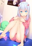  bangs barefoot blue_eyes blue_hair blurry blush bow collarbone commentary_request cuon_(kuon) depth_of_field dutch_angle eromanga_sensei eyebrows_visible_through_hair frills hair_bow hands_on_own_knees highres indoors izumi_sagiri knees_together_feet_apart knees_up leg_hug long_hair long_sleeves looking_at_viewer low-tied_long_hair on_bed pajamas parted_lips pink_bow sitting solo stuffed_animal stuffed_octopus stuffed_toy thighs 
