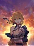  :d ahoge armor armored_dress artoria_pendragon_(all) backlighting bare_shoulders blonde_hair blood blue_dress blue_ribbon breastplate breasts broken_armor bruise cleavage cloud dress evening eyebrows_visible_through_hair fate_(series) floating_hair gauntlets gorget green_eyes hair_between_eyes hair_ribbon hand_on_own_arm injury juliet_sleeves light_rays long_sleeves looking_at_viewer open_mouth outdoors puffy_sleeves revision ribbon saber short_hair small_breasts smile sola7764 solo sunbeam sunlight sunset tearing_up torn_clothes torn_dress upper_body wind 