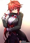  butler elesis_(elsword) elsword female_butler fi-san formal gloves gradient gradient_background hair_between_eyes heart heart-shaped_pupils long_hair looking_at_viewer red_eyes red_hair ribbon smile solo standing suit symbol-shaped_pupils tailcoat 