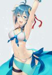  1girl :d aqua_sarong arched_back armpits arms_up banned_artist bare_arms bare_shoulders bikini blue_eyes blue_hair breasts cleavage cowboy_shot crescent crescent_hair_ornament front-tie_bikini front-tie_top groin hair_ornament hips kyoeiki looking_at_viewer navel open_mouth pale_skin pointy_ears rena_lanford sarong see-through see-through_silhouette shiny shiny_hair short_hair side-tie_bikini smile solo star_ocean star_ocean_the_second_story swimsuit 