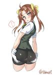  1girl ahoge arms_behind_back ass ass_support bangs bike_shorts black_vest blush bow brown_hair cowboy_shot cropped_legs ebifurya eyebrows_visible_through_hair from_behind gloves green_neckwear green_ribbon hair_bow hands_on_own_ass highres kagerou_(kantai_collection) kantai_collection long_hair looking_at_viewer looking_back neck_ribbon open_mouth purple_eyes ribbon shirt short_sleeves sidelocks simple_background sleeveless solo speech_bubble spoken_ellipsis twintails twitter_username vest white_background white_gloves white_shirt yellow_bow 