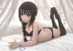  akemi_homura alternate_hairstyle arched_back ass backlighting bare_arms bare_shoulders bed bed_sheet black_hair black_hairband black_legwear black_panties blush braid butt_crack closed_mouth curtains feet flat_chest foreshortening full_body hair_over_shoulder hair_tie hairband hands_clasped legs_up long_hair looking_away looking_to_the_side lying mahou_shoujo_madoka_magica on_bed on_stomach own_hands_together panties pillow pink_ribbon purple_eyes red_ribbon ribbon single_braid siraha smile soles solo the_pose thighhighs underwear underwear_only wrist_ribbon 