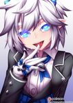  blue_eyes butler demon_power_(elsword) elsword female_butler fi-san formal gloves gradient gradient_background heart heart-shaped_pupils horns long_hair looking_at_viewer luciela_r._sourcream open_mouth pointy_ears ribbon short_hair solo suggestive_fluid suit symbol-shaped_pupils tongue tongue_out white_gloves white_hair 