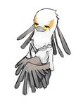  aggressive_retsuko anthro avian beak beauty_marks bird breasts clothing eye_markings eyes_closed feathers female grey_feathers markings not_073 sanrio secretary_bird simple_background solo washimi white_background white_feathers wings 