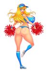  1girl akiranime ass blue_eyes blush breasts cheerleader cleavage curvy erect_nipples erect_nipples_under_clothes female highres huge_ass huge_breasts lipstick long_hair looking_at_viewer looking_back looking_to_the_side panties pom_poms shiny_skin sideboob smile solo white_background 