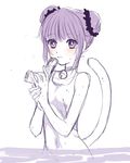  1girl bare_shoulders blush breasts choker hair_bun monochrome open_mouth purple_eyes purple_hair short_hair sophie_(tales) swimsuit tail tales_of_(series) tales_of_graces 