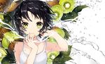  bangs bare_shoulders black_hair collarbone dress fingernails food fruit green_eyes hair_tousle hand_to_head hand_to_own_mouth hand_up hands_up highres kiwifruit leaf looking_at_viewer original parted_lips short_hair sogawa solo teeth upper_body water water_drop white_dress 